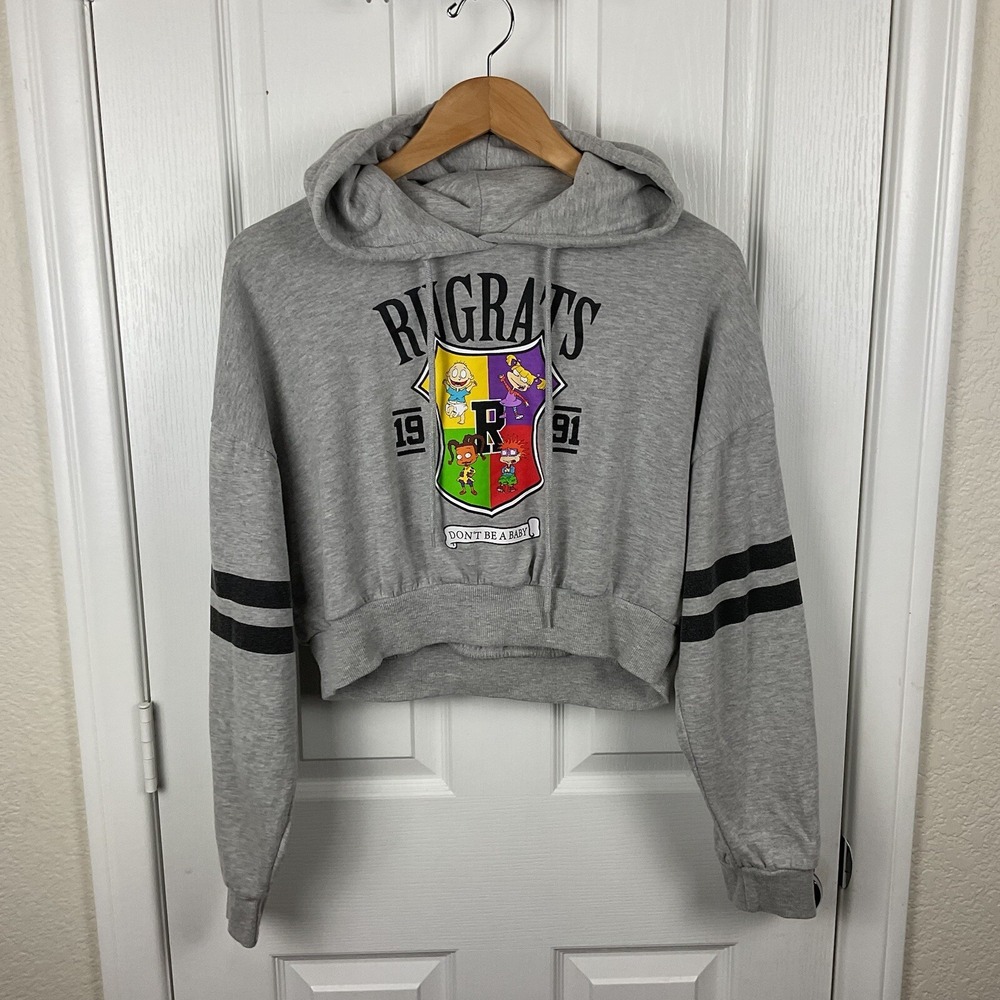 Nickelodeon Rugrats Women's Gray Crop Top Long Sleeve Hoodie Sweatshirt Size L